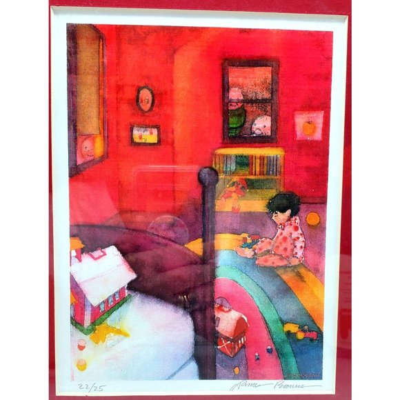 James Browne Child Playing in Bedroom Framed Print 22/25 Bright Colors - Picture 2 of 5